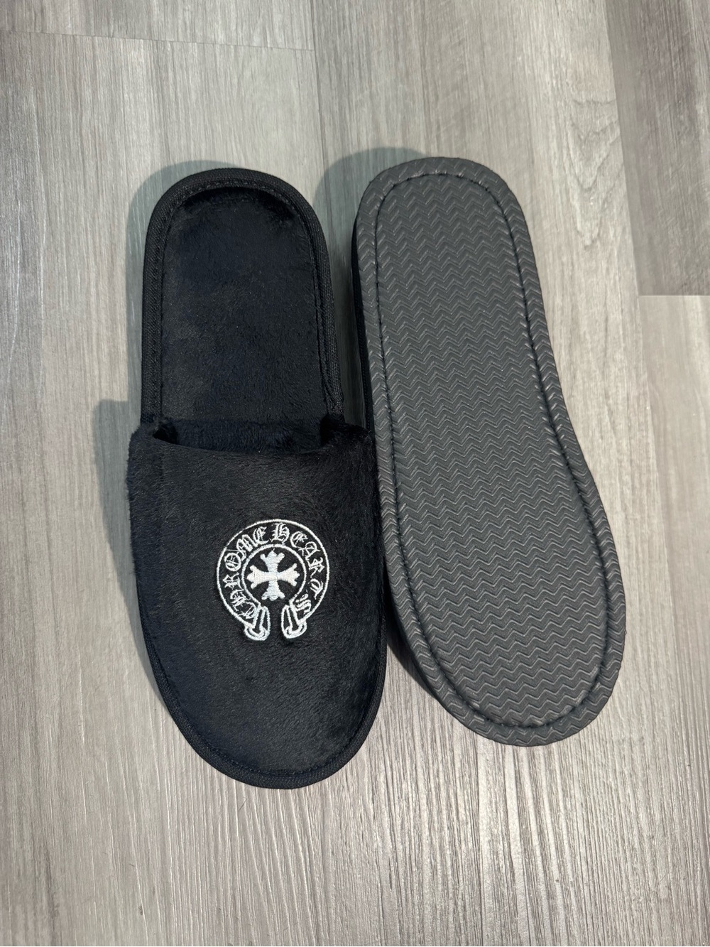 Chrome Hearts Black Plush Slip-On Loafers with White Embroidered Crest